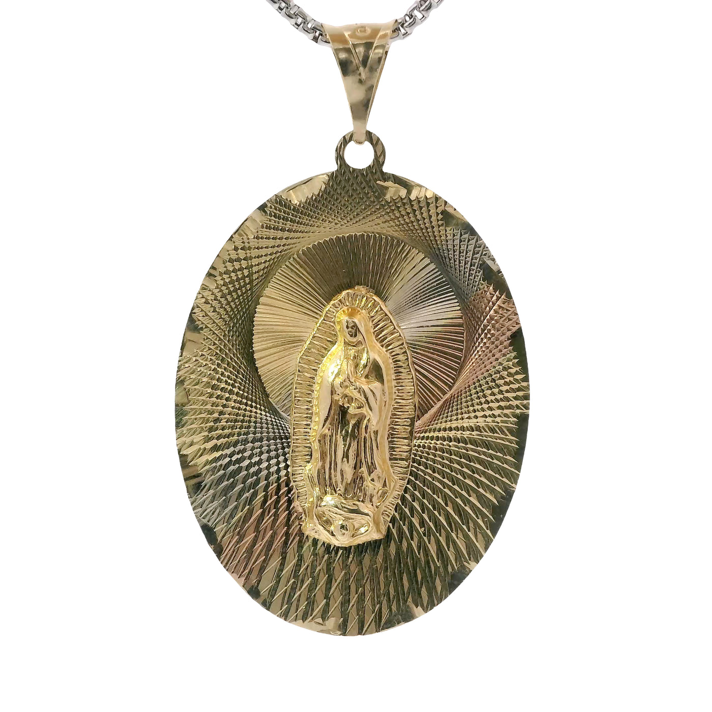 14KT Gold Charm Large Tri Tone Oval Virgin Mary Coin with Graphic Line Background and Plain Bell