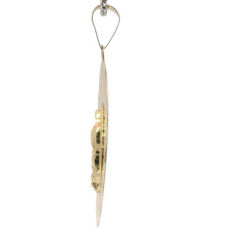 14KT Gold Charm Large Tri Tone Oval Virgin Mary Coin with Graphic Line Background and Plain Bell