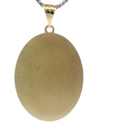 14KT Gold Charm Large Tri Tone Oval Virgin Mary Coin with Graphic Line Background and Plain Bell