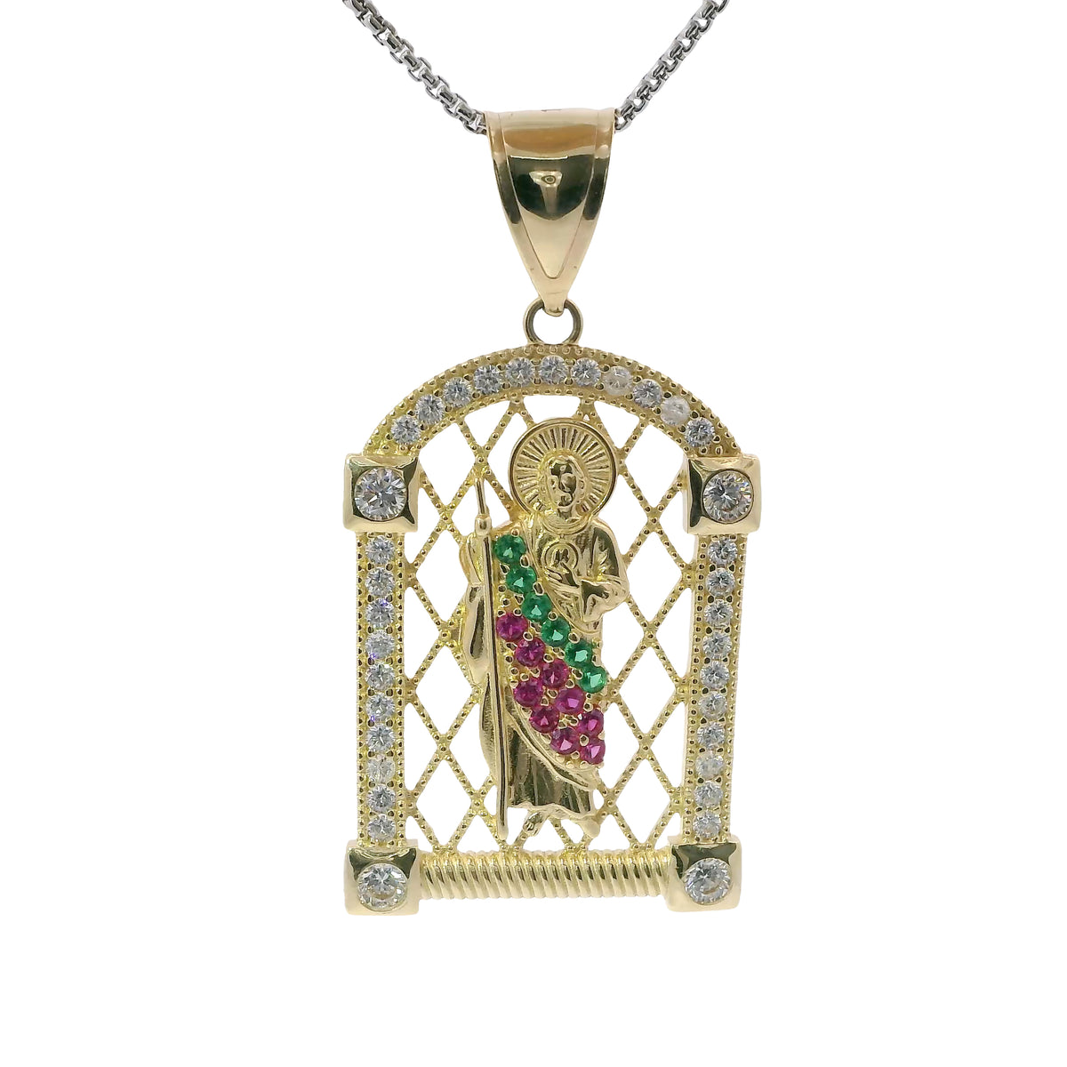 14KT Gold Charm Large White CZ Stones Archway St Jude with Red and Green Round CZ Stones Robe and Plain Bell