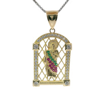 14KT Gold Charm Large White CZ Stones Archway St Jude with Red and Green Round CZ Stones Robe and Plain Bell
