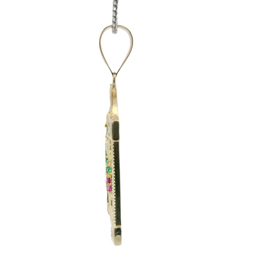 14KT Gold Charm Large White CZ Stones Archway St Jude with Red and Green Round CZ Stones Robe and Plain Bell