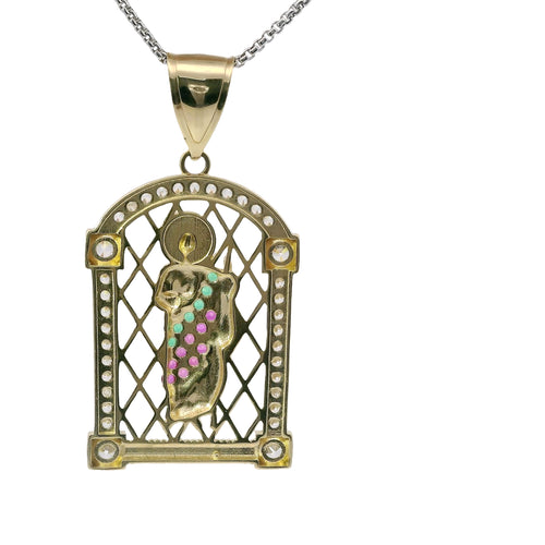 14KT Gold Charm Large White CZ Stones Archway St Jude with Red and Green Round CZ Stones Robe and Plain Bell