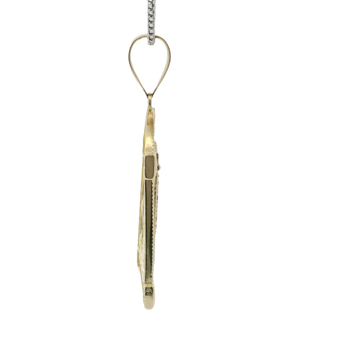 14KT Gold Charm Large White CZ Stones Archway St Jude with Red and Green Round CZ Stones Robe and Plain Bell