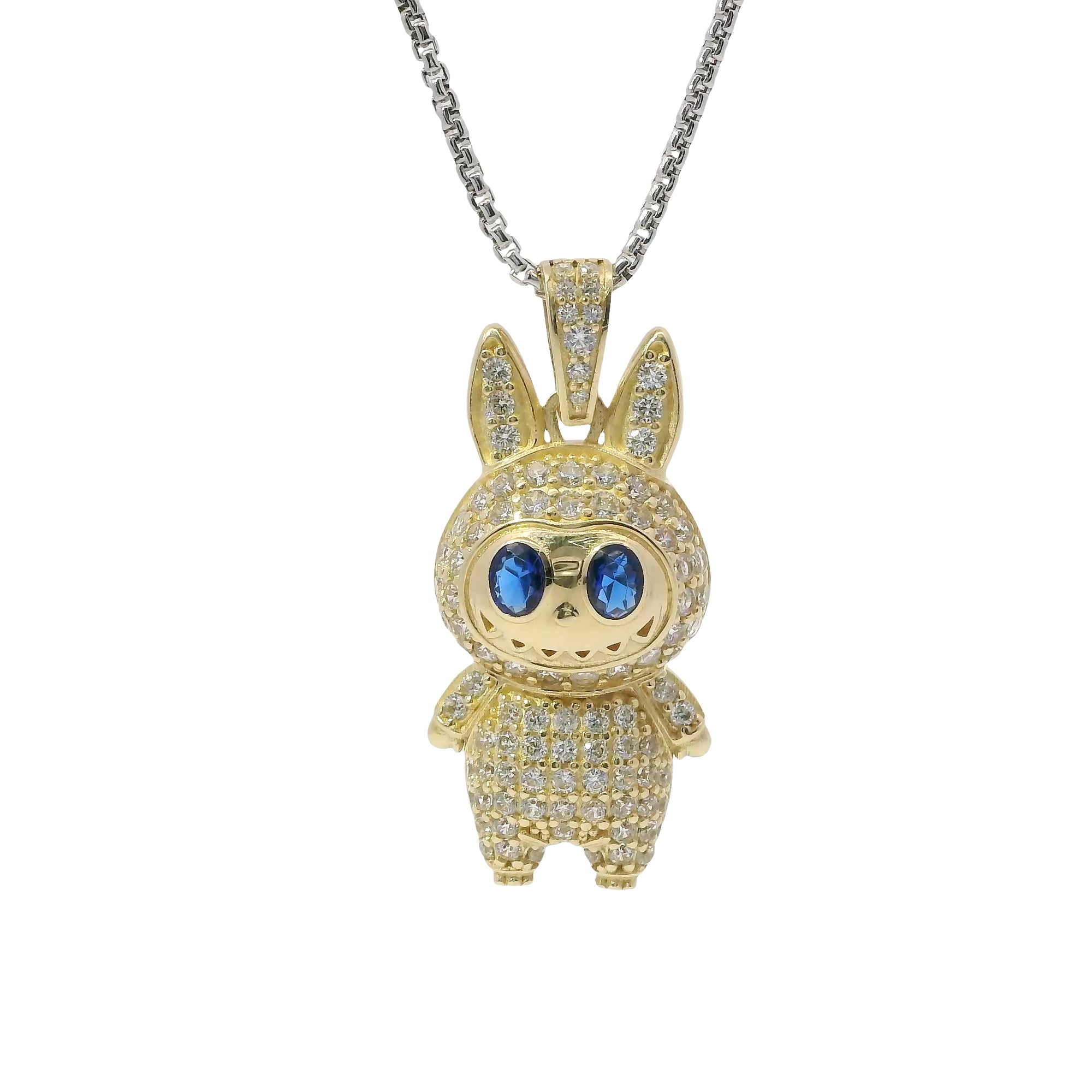14KT Gold Charm Large 3D Flat Back LaBuBu Navy Blue Oval CZ Stones Eyes, White CZ Stones Body and Bell