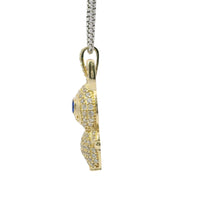 14KT Gold Charm Large 3D Flat Back LaBuBu Navy Blue Oval CZ Stones Eyes, White CZ Stones Body and Bell