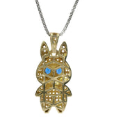 14KT Gold Charm Large 3D Flat Back LaBuBu Navy Blue Oval CZ Stones Eyes, White CZ Stones Body and Bell