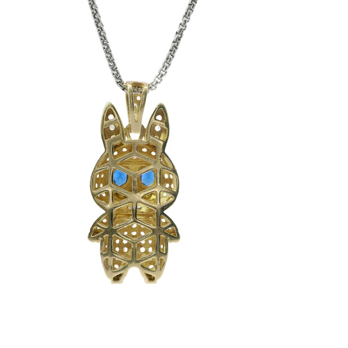 14KT Gold Charm Large 3D Flat Back LaBuBu Navy Blue Oval CZ Stones Eyes, White CZ Stones Body and Bell