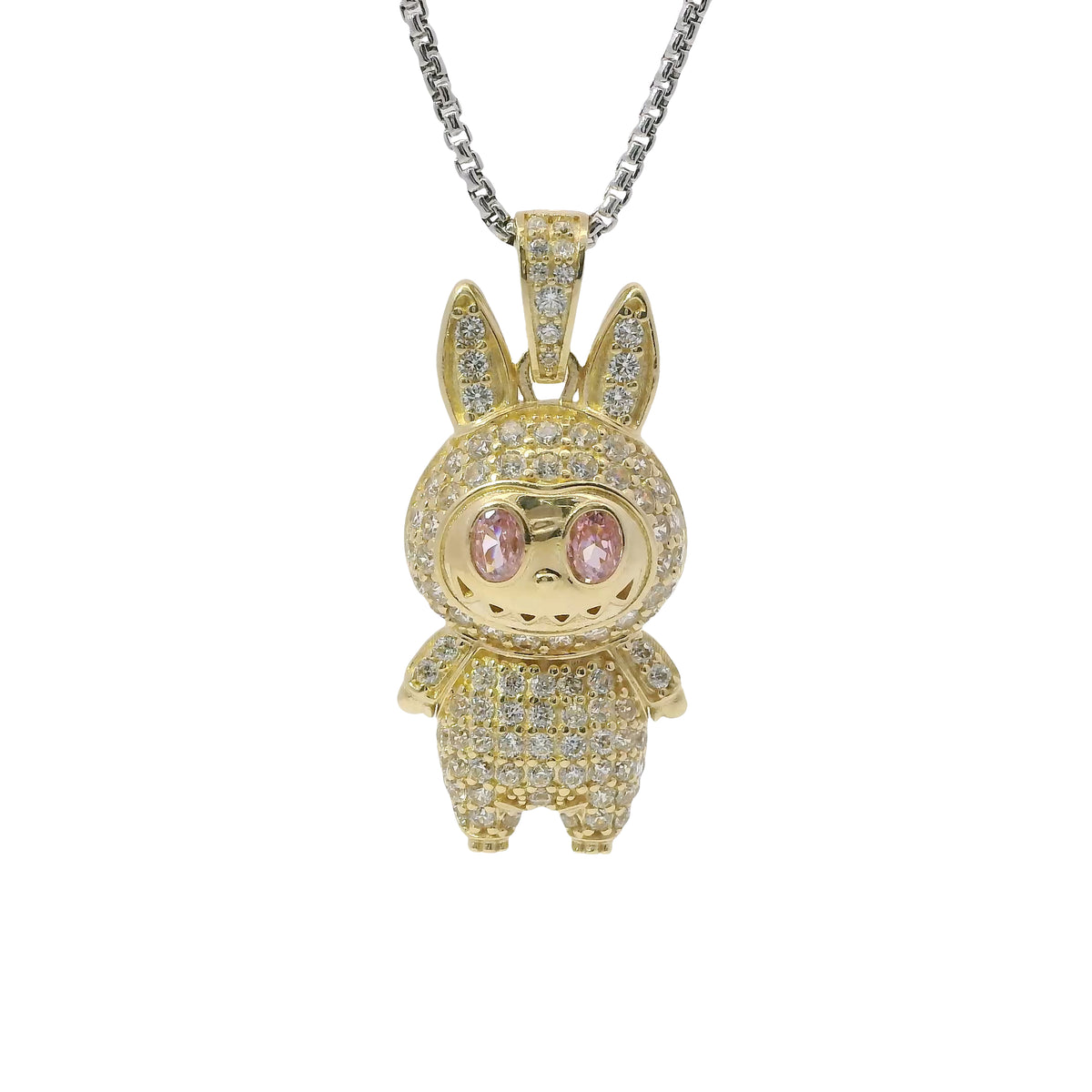 14KT Gold Charm Large 3D Flat Back LaBuBu Pink Oval CZ Stones Eyes, White CZ Stones Body and Bell