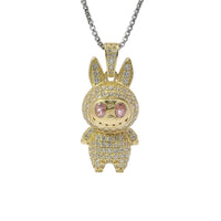 14KT Gold Charm Large 3D Flat Back LaBuBu Pink Oval CZ Stones Eyes, White CZ Stones Body and Bell