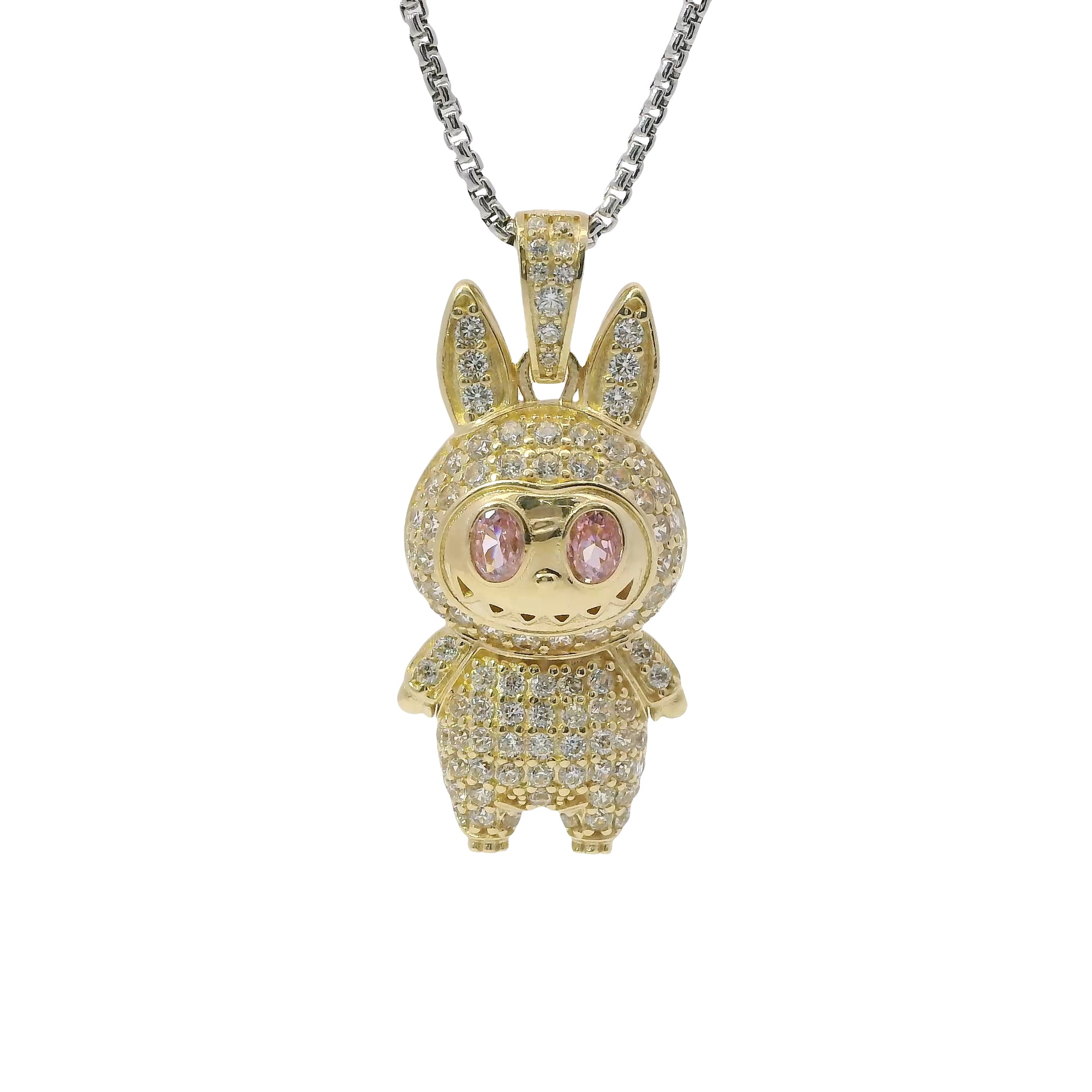 14KT Gold Charm Large 3D Flat Back LaBuBu Pink Oval CZ Stones Eyes, White CZ Stones Body and Bell