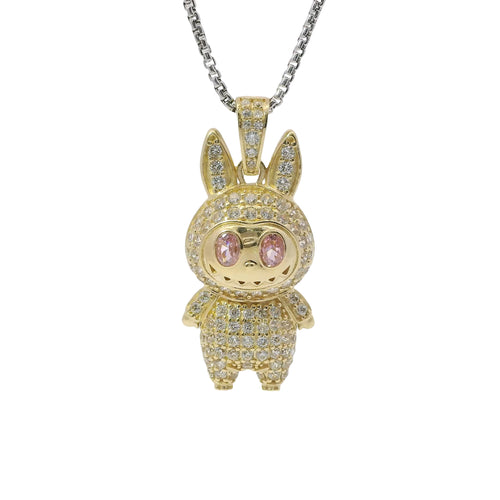14KT Gold Charm Large 3D Flat Back LaBuBu Pink Oval CZ Stones Eyes, White CZ Stones Body and Bell
