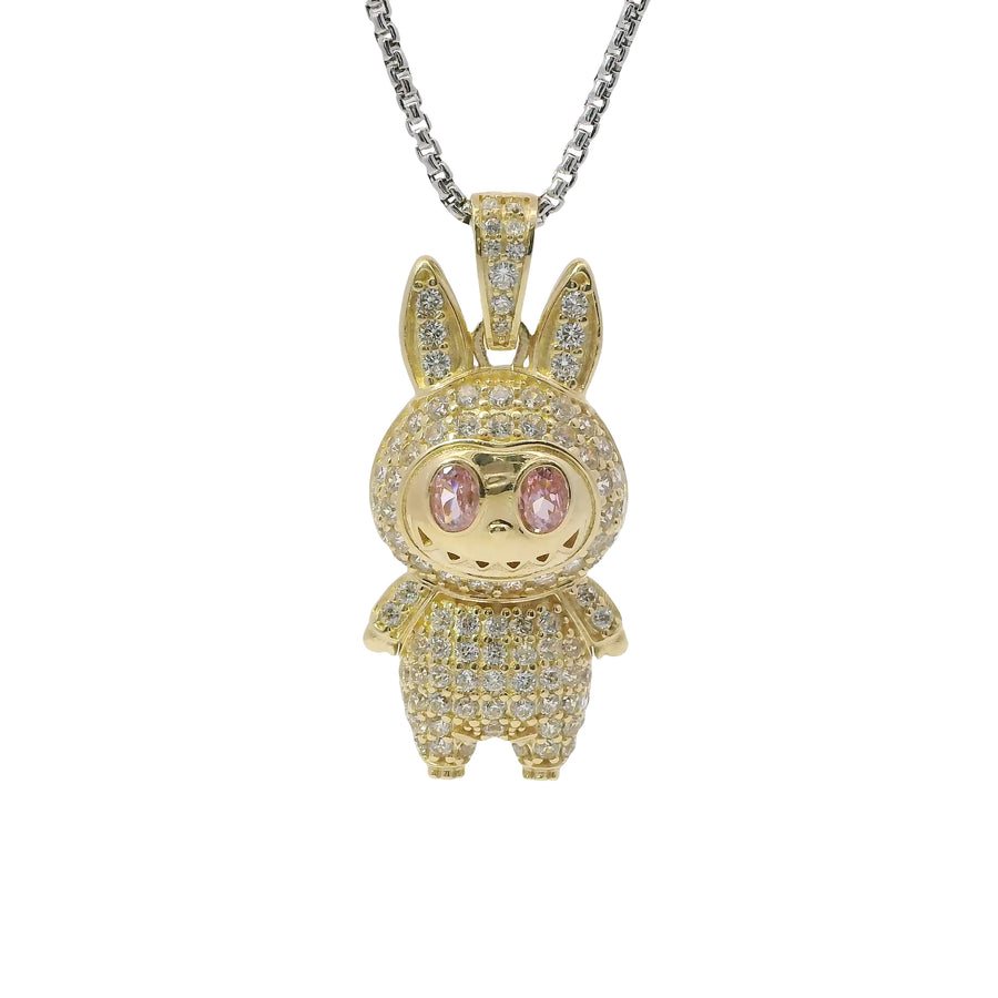 14KT Gold Charm Large 3D Flat Back LaBuBu Pink Oval CZ Stones Eyes, White CZ Stones Body and Bell