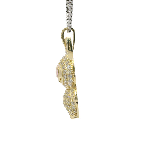 14KT Gold Charm Large 3D Flat Back LaBuBu Pink Oval CZ Stones Eyes, White CZ Stones Body and Bell