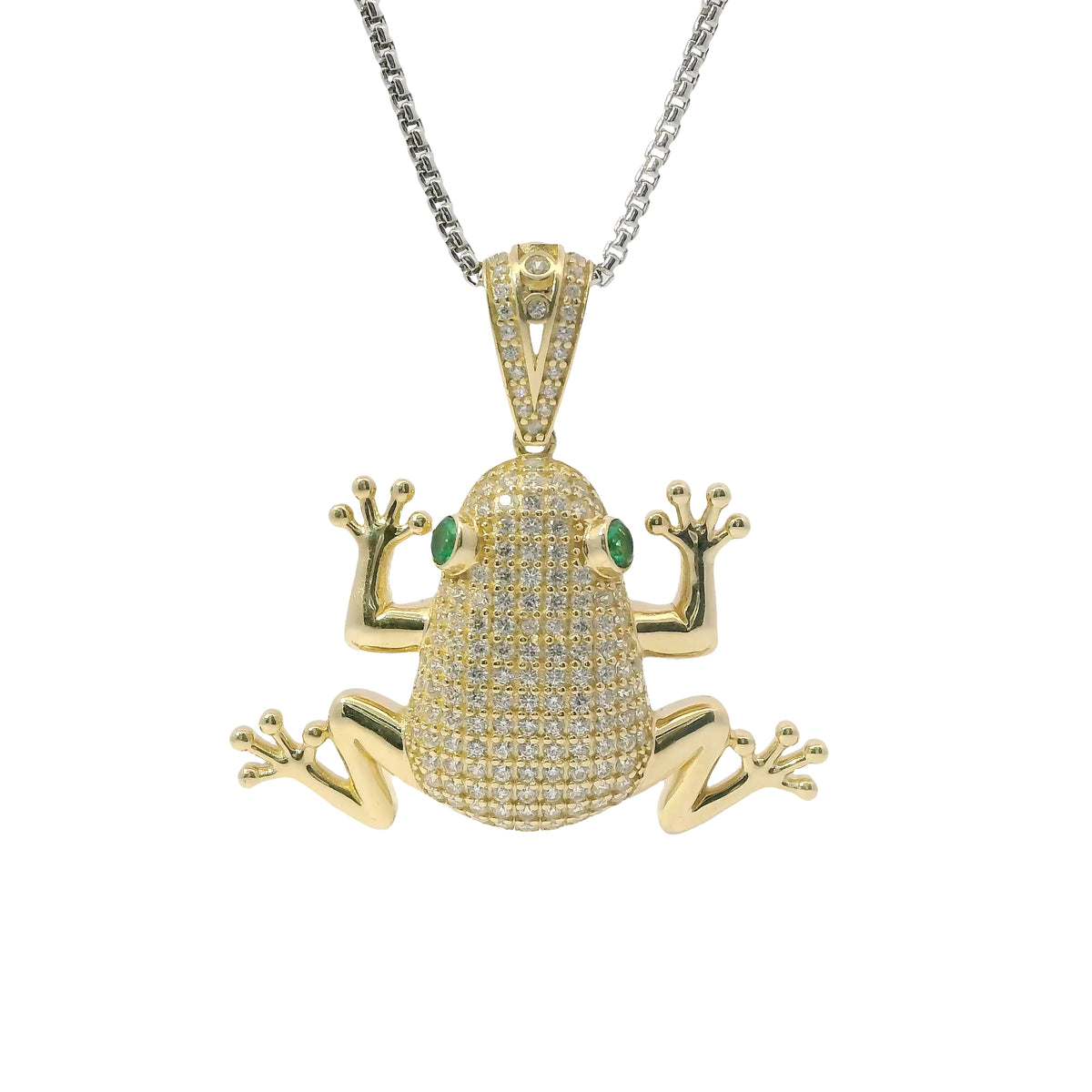 14KT Gold Charm Large 3D Frog with Green CZ Stones Eyes and Flat Back White CZ Stones Body and Bell