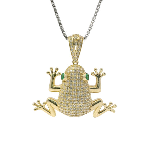 14KT Gold Charm Large 3D Frog with Green CZ Stones Eyes and Flat Back White CZ Stones Body and Bell