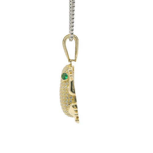 14KT Gold Charm Large 3D Frog with Green CZ Stones Eyes and Flat Back White CZ Stones Body and Bell
