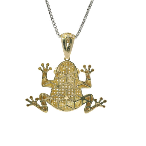 14KT Gold Charm Large 3D Frog with Green CZ Stones Eyes and Flat Back White CZ Stones Body and Bell