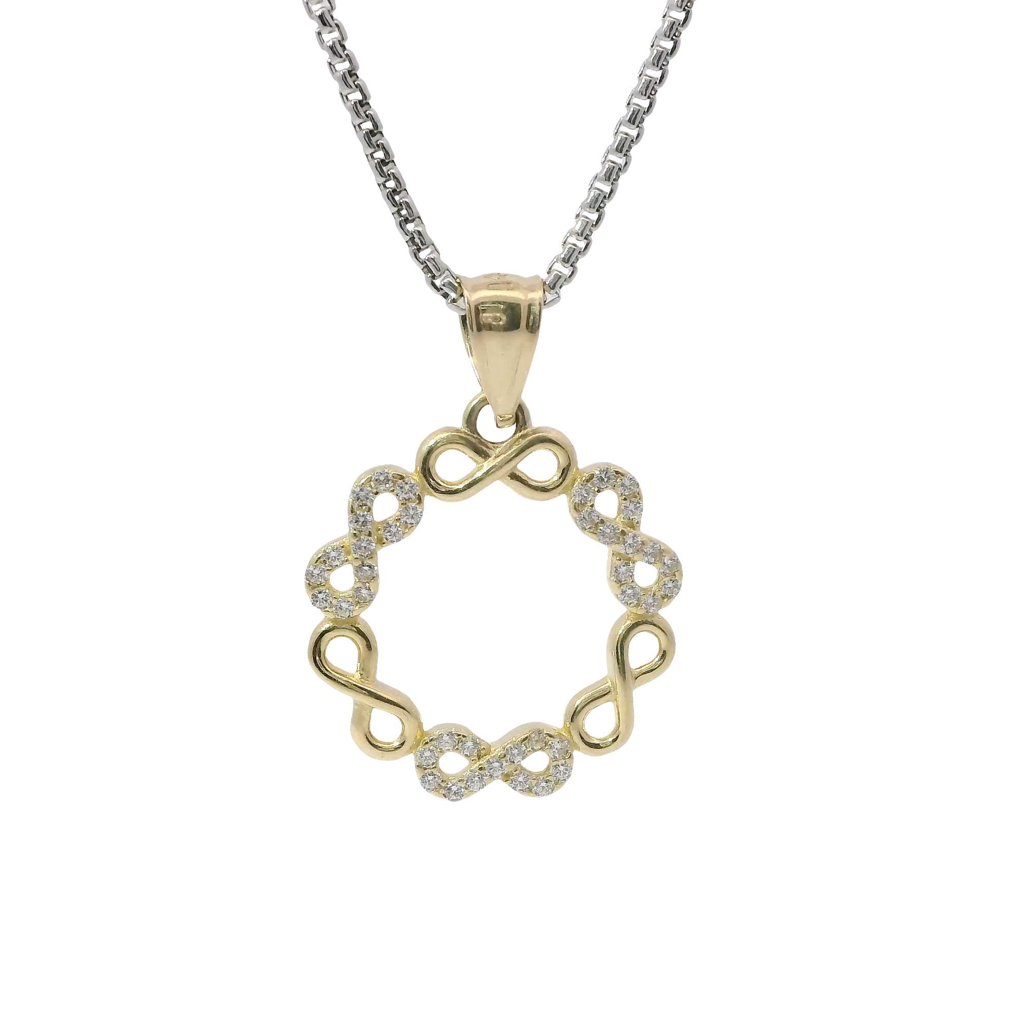 14KT Gold Charm Large White CZ Stones and Plain Infinity Wreath with Plain Bell