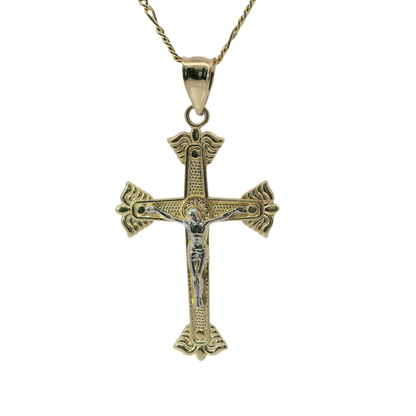 14KT Gold Charm Large Two Tone Wing Ends Crucifix Cross with Plain Bell