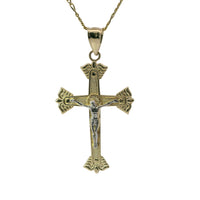 14KT Gold Charm Large Two Tone Wing Ends Crucifix Cross with Plain Bell