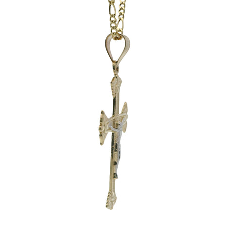 14KT Gold Charm Large Two Tone Wing Ends Crucifix Cross with Plain Bell
