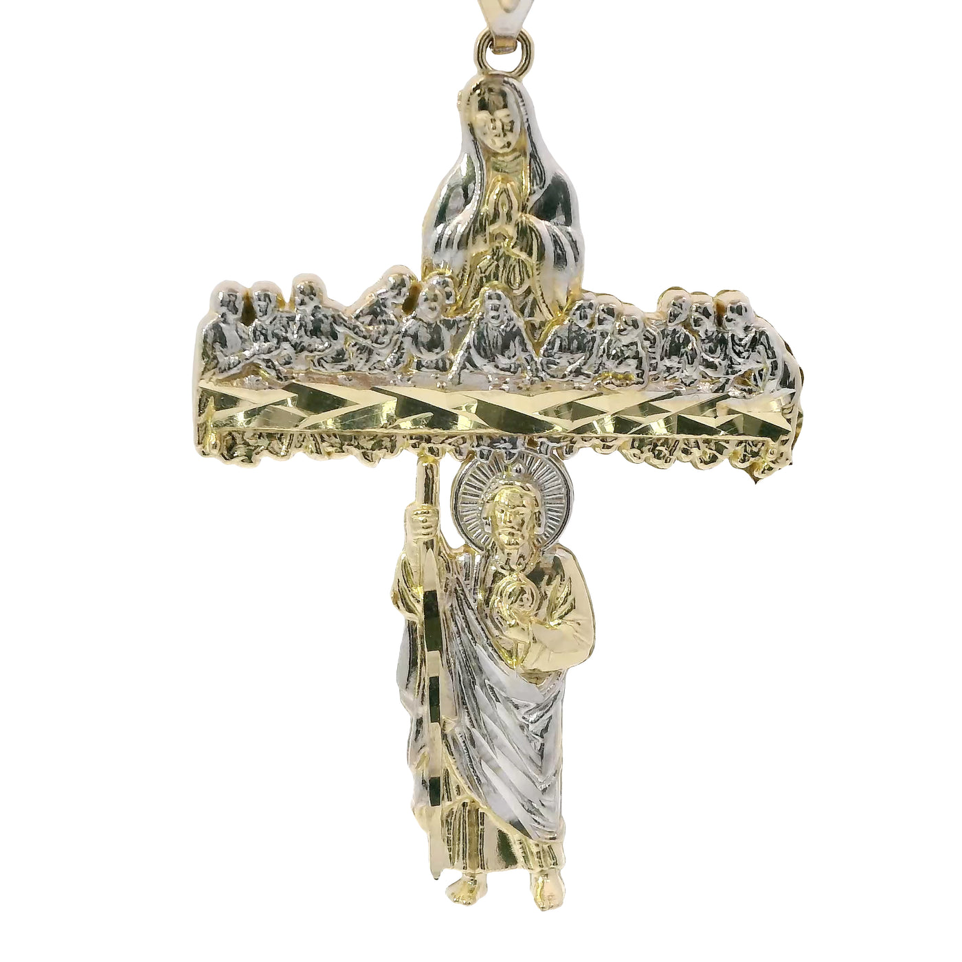 14KT Gold Charm Large Two Tone Last Supper Cross with Virgin Mary and St Jude Center and Plain Bell