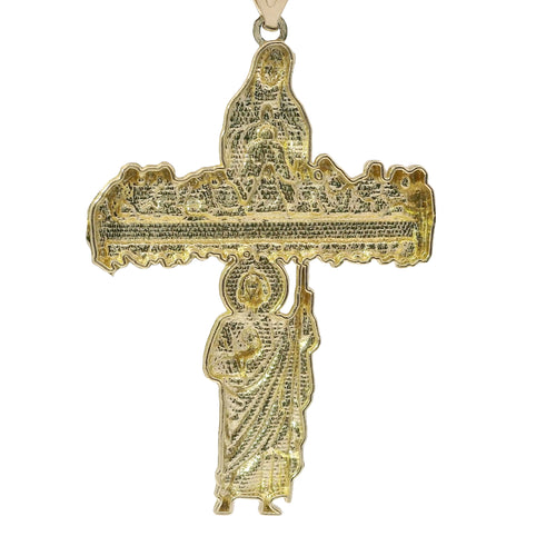 14KT Gold Charm Large Two Tone Last Supper Cross with Virgin Mary and St Jude Center and Plain Bell