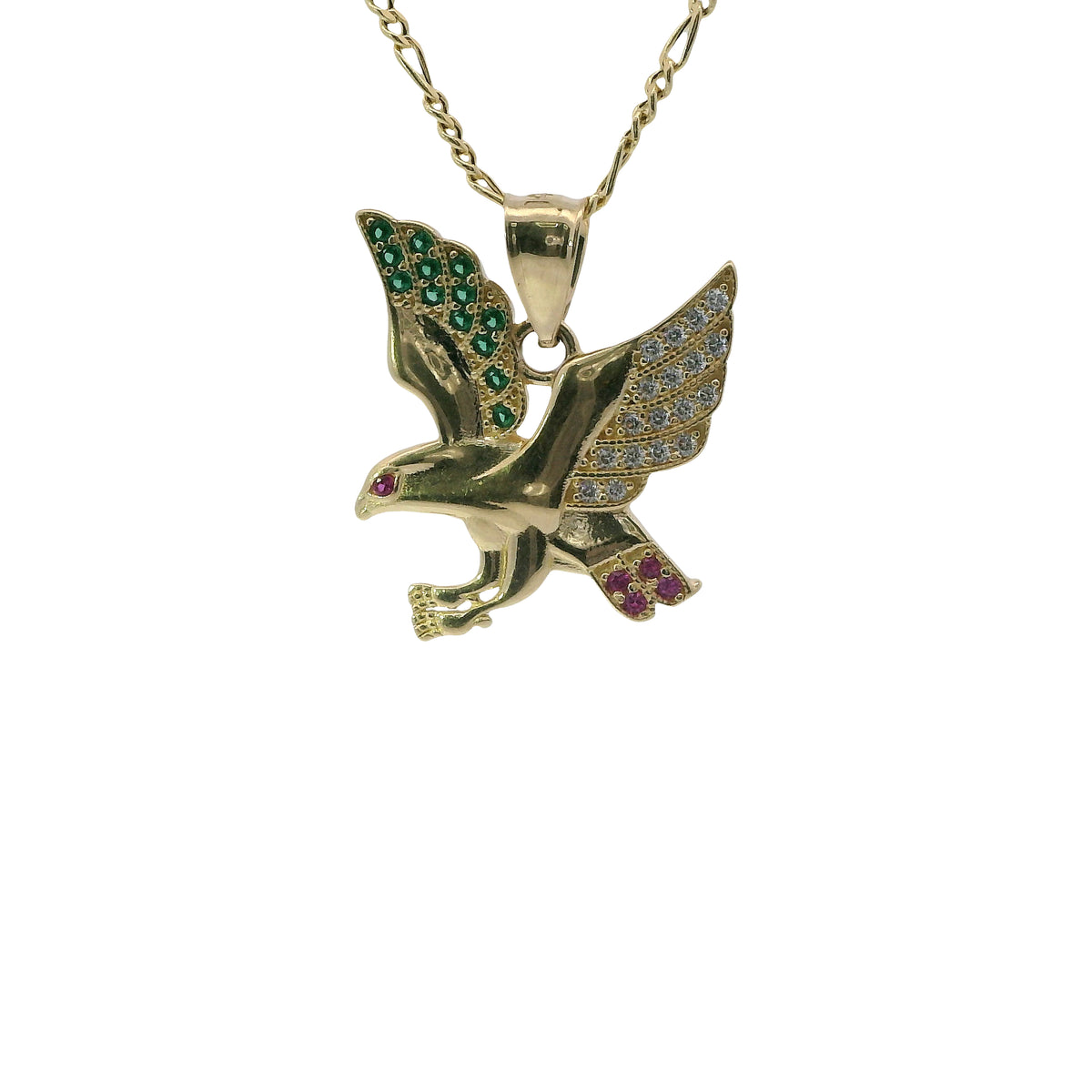 14KT Gold Charm Large Left Facing Soaring Eagle with Round White, Red, and Green CZ Stones Wings, Red CZ Stones Eye and Plain Bell