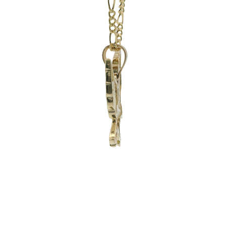 14KT Gold Charm Large Left Facing Soaring Eagle with Round White, Red, and Green CZ Stones Wings, Red CZ Stones Eye and Plain Bell