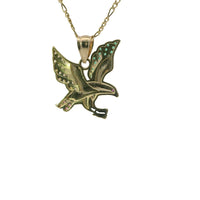 14KT Gold Charm Large Left Facing Soaring Eagle with Round White, Red, and Green CZ Stones Wings, Red CZ Stones Eye and Plain Bell