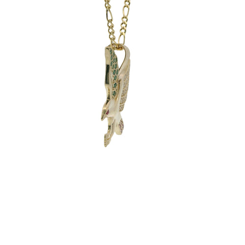 14KT Gold Charm Large Left Facing Soaring Eagle with Round White, Red, and Green CZ Stones Wings, Red CZ Stones Eye and Plain Bell