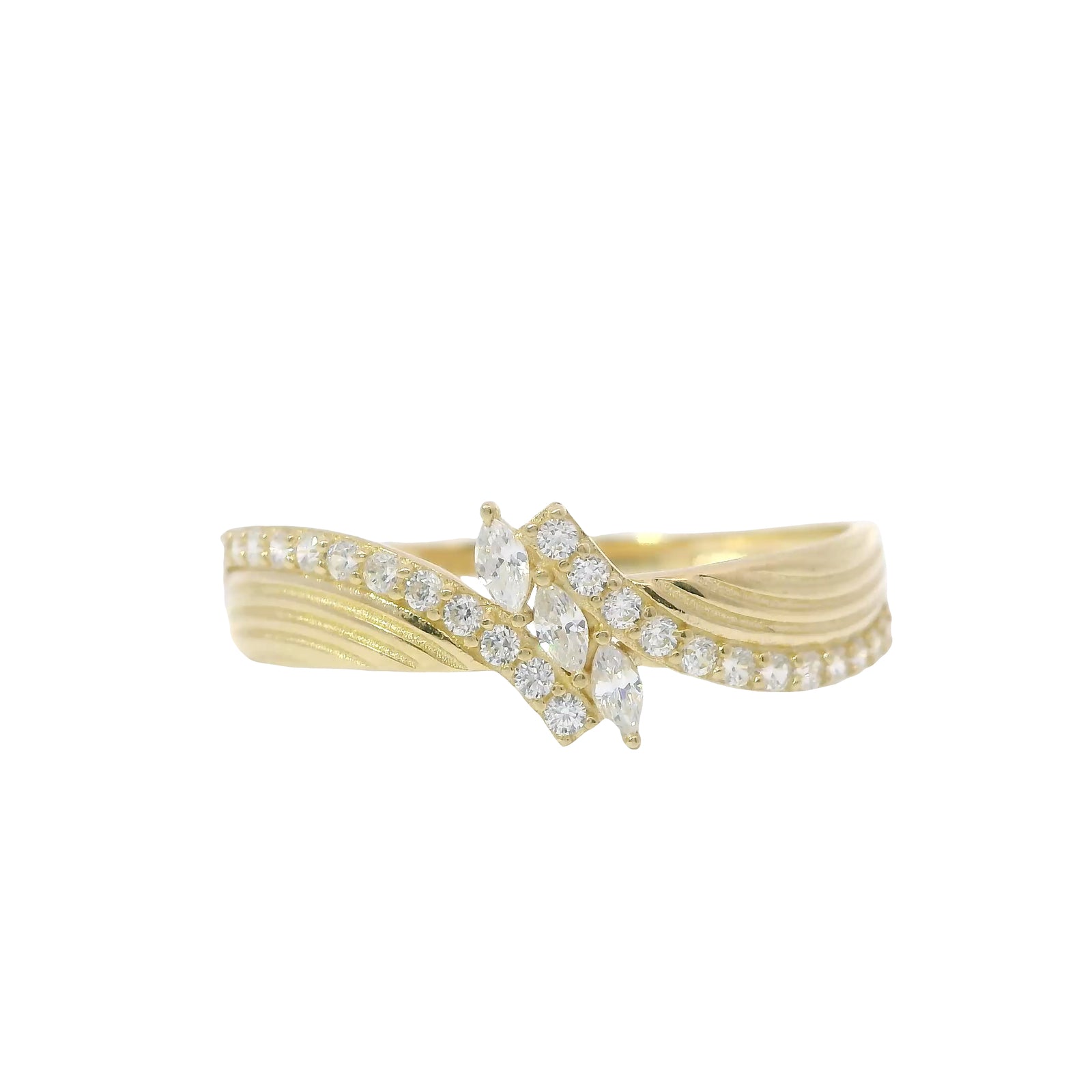 14KT Gold Ring Women's Light Weight Floating 3 Marquise White CZ Stone Center with White CZ Stones Bypass Ribbed Band
