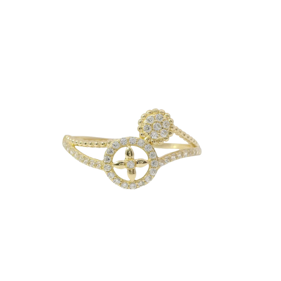 14KT Gold Ring Women's Light Weight White CZ Stones Four Petal Plain Flower Open Center Beaded Bypass and White CZ Stones Band