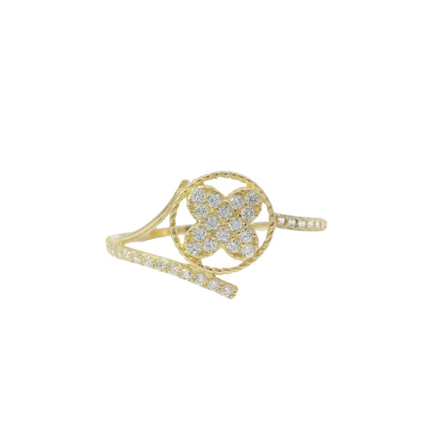 14KT Gold Ring Women's Light Weight White CZ Stone Clover Center with Open Round Rope Border and White CZ Stone Bypass Band