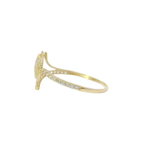 14KT Gold Ring Women's Light Weight White CZ Stone Clover Center with Open Round Rope Border and White CZ Stone Bypass Band