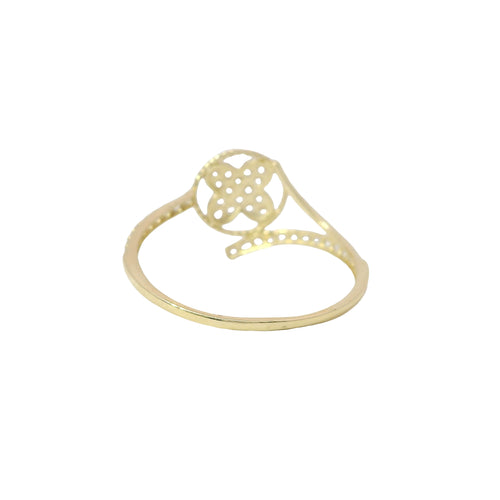 14KT Gold Ring Women's Light Weight White CZ Stone Clover Center with Open Round Rope Border and White CZ Stone Bypass Band