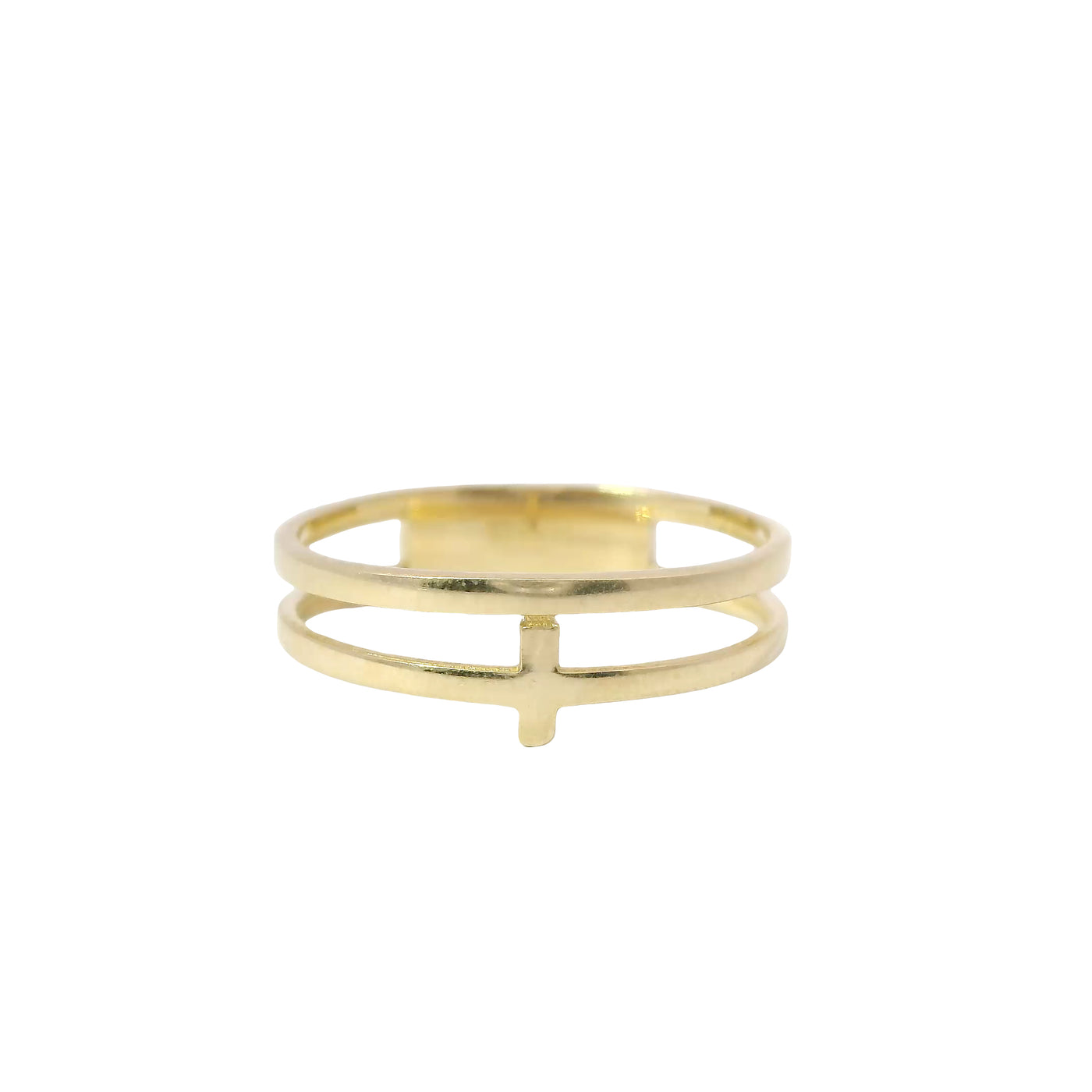 14KT Gold Ring Women's Light Weight Mini Cross Center with Plain Split Band