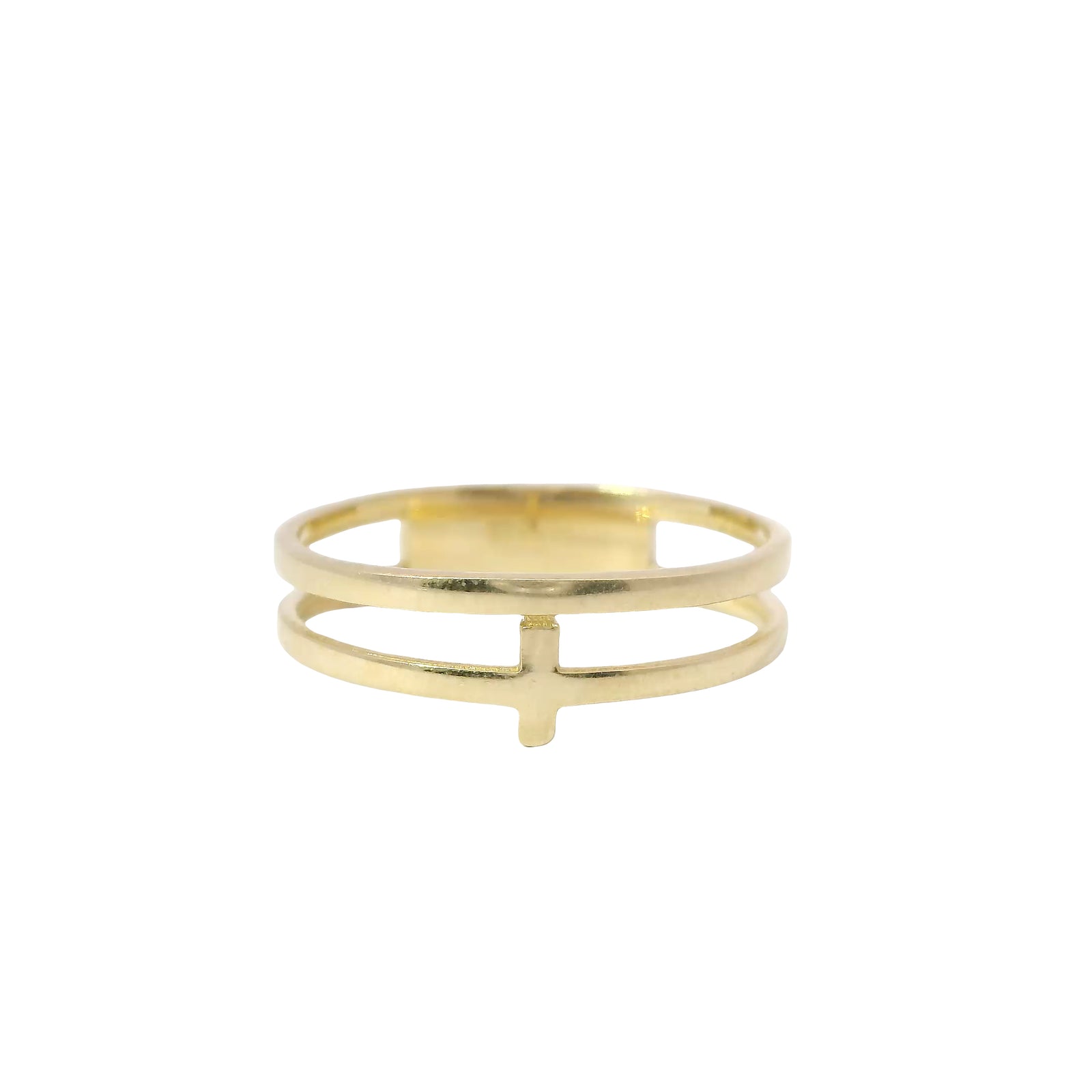 14KT Gold Ring Women's Light Weight Mini Cross Center with Plain Split Band