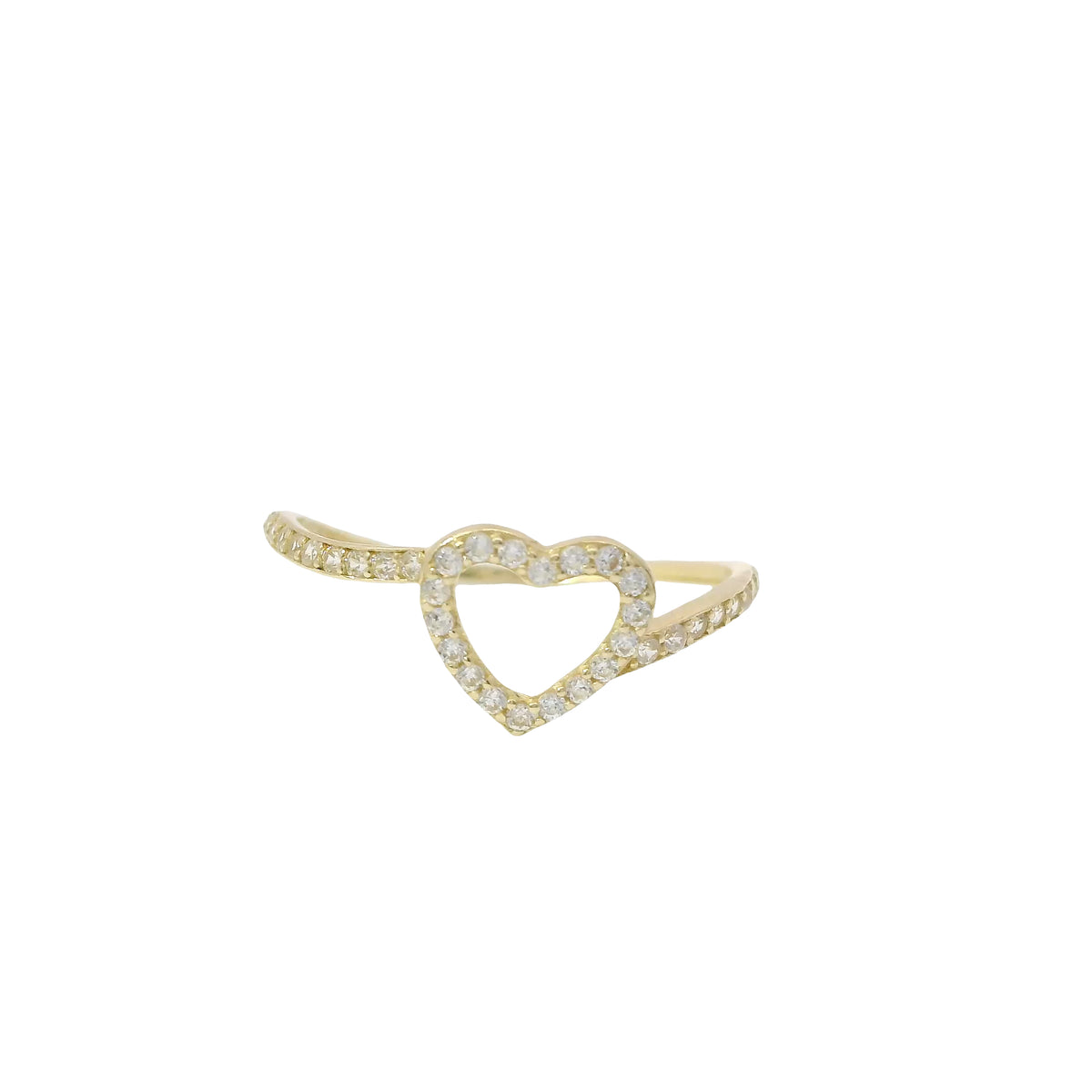 14KT Gold Ring Women's Light Weight Open White CZ Stones Heart Outline with White CZ Stones Closed Bypass Band