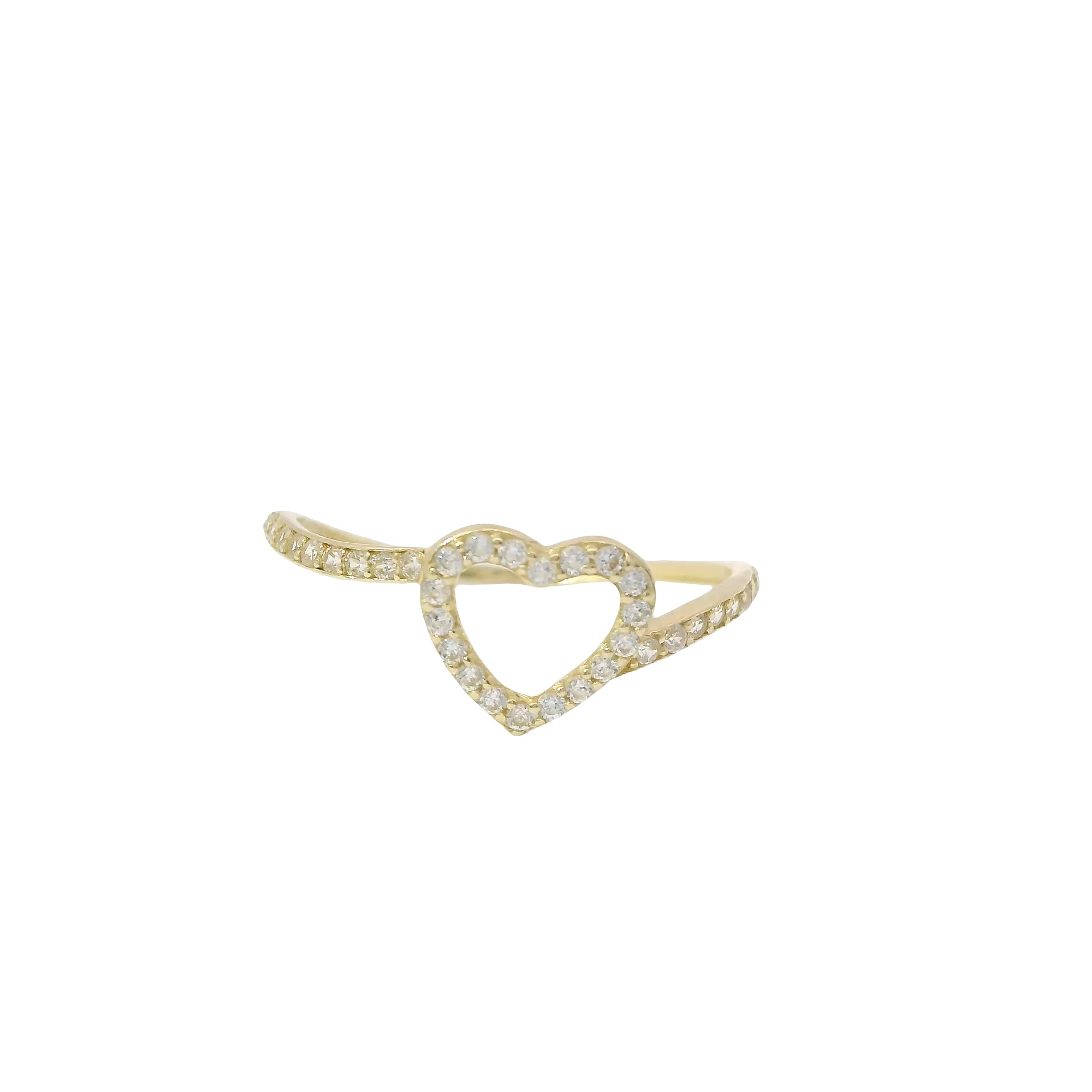 14KT Gold Ring Women's Light Weight Open White CZ Stones Heart Outline with White CZ Stones Closed Bypass Band