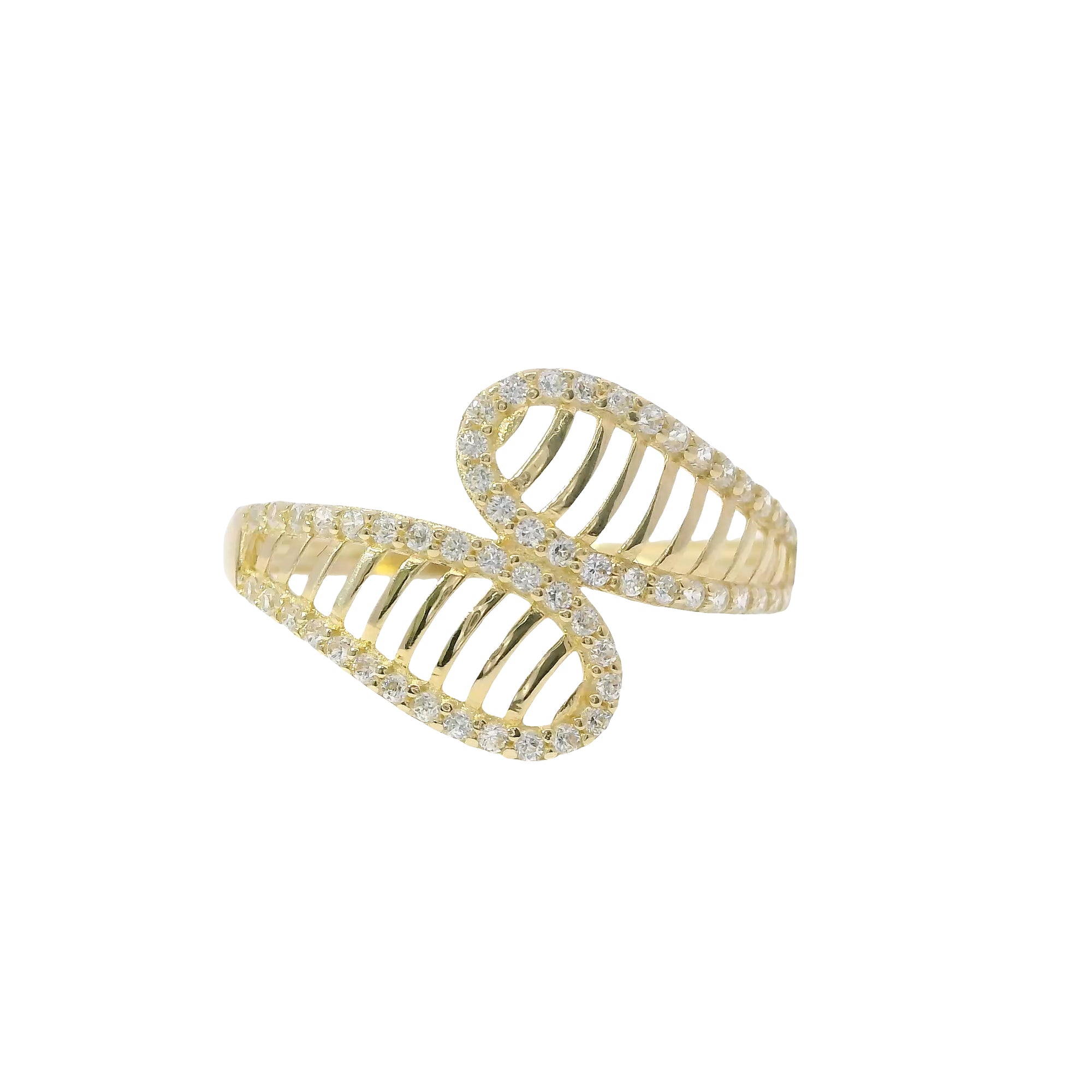 14KT Gold Ring Women's Light Weight Open Stipe Lasso with White CZ Stones Border Bypass Band