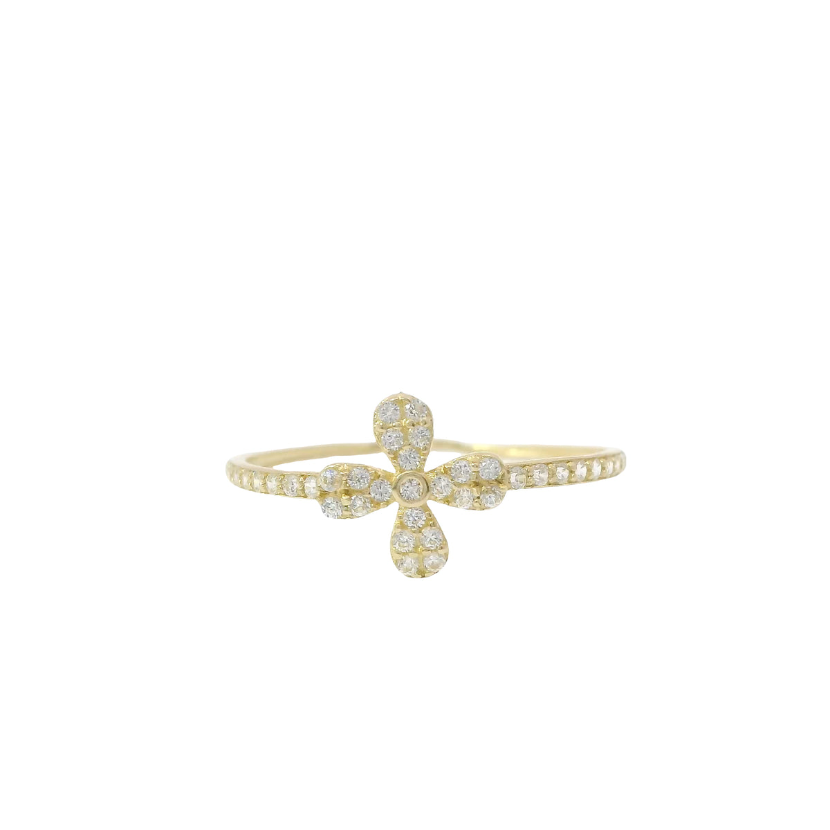 14KT Gold Ring Women's Light Weight White CZ Stones Four Petal Flower Center and Band