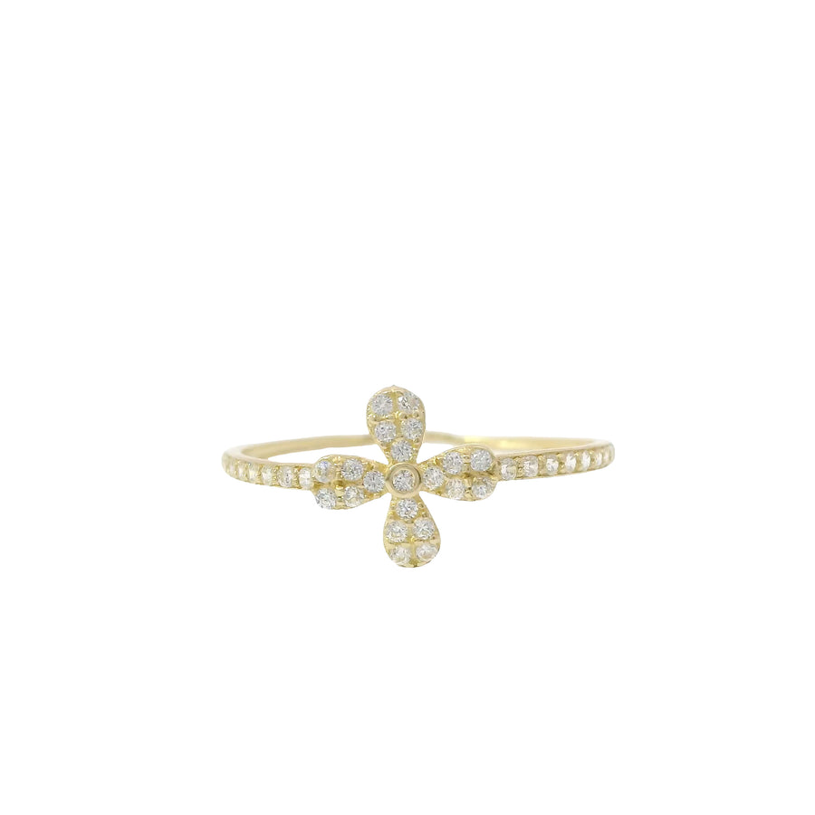 14KT Gold Ring Women's Light Weight White CZ Stones Four Petal Flower Center and Band
