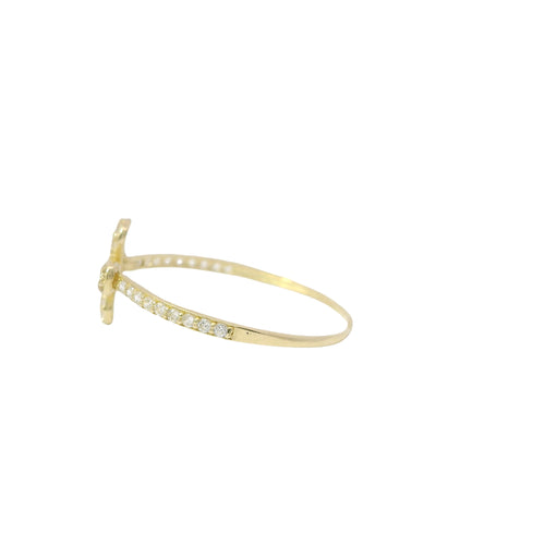14KT Gold Ring Women's Light Weight White CZ Stones Four Petal Flower Center and Band