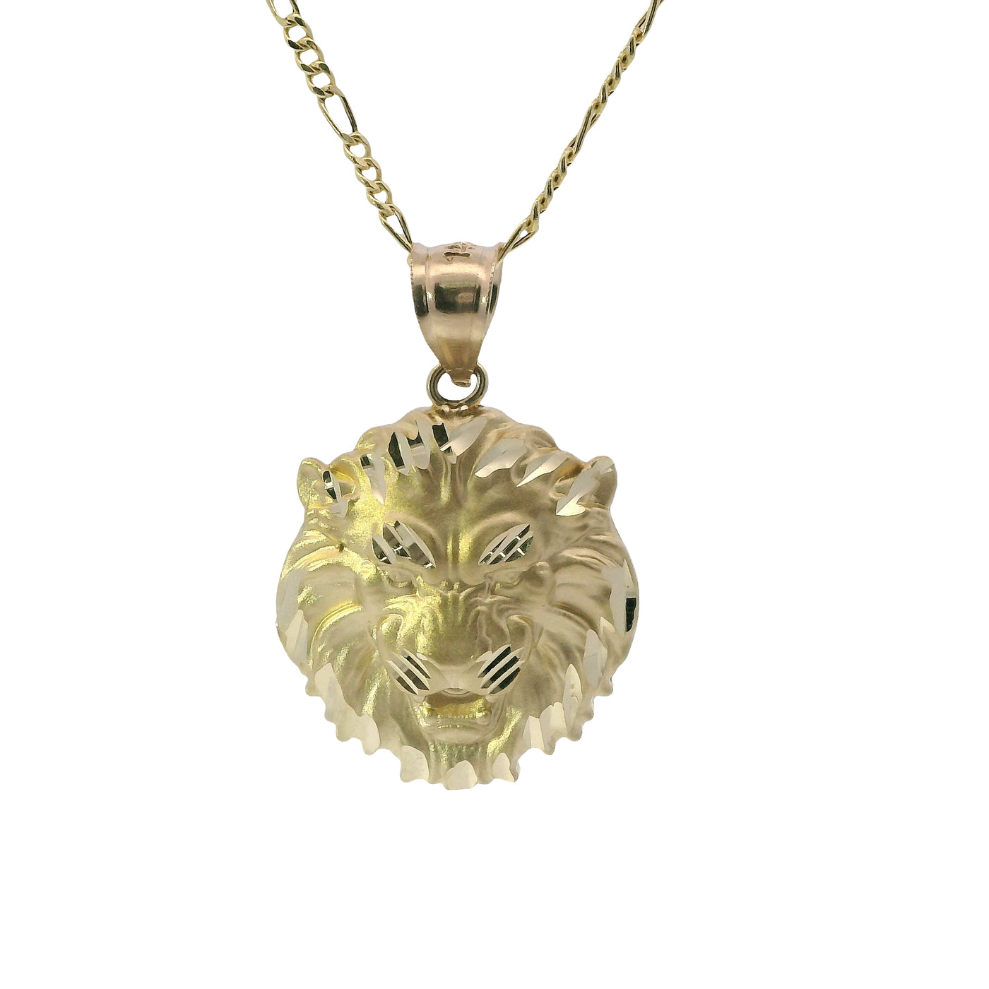 14KT Gold Charm Medium Diamond Cut Lion Head with Plain Bell