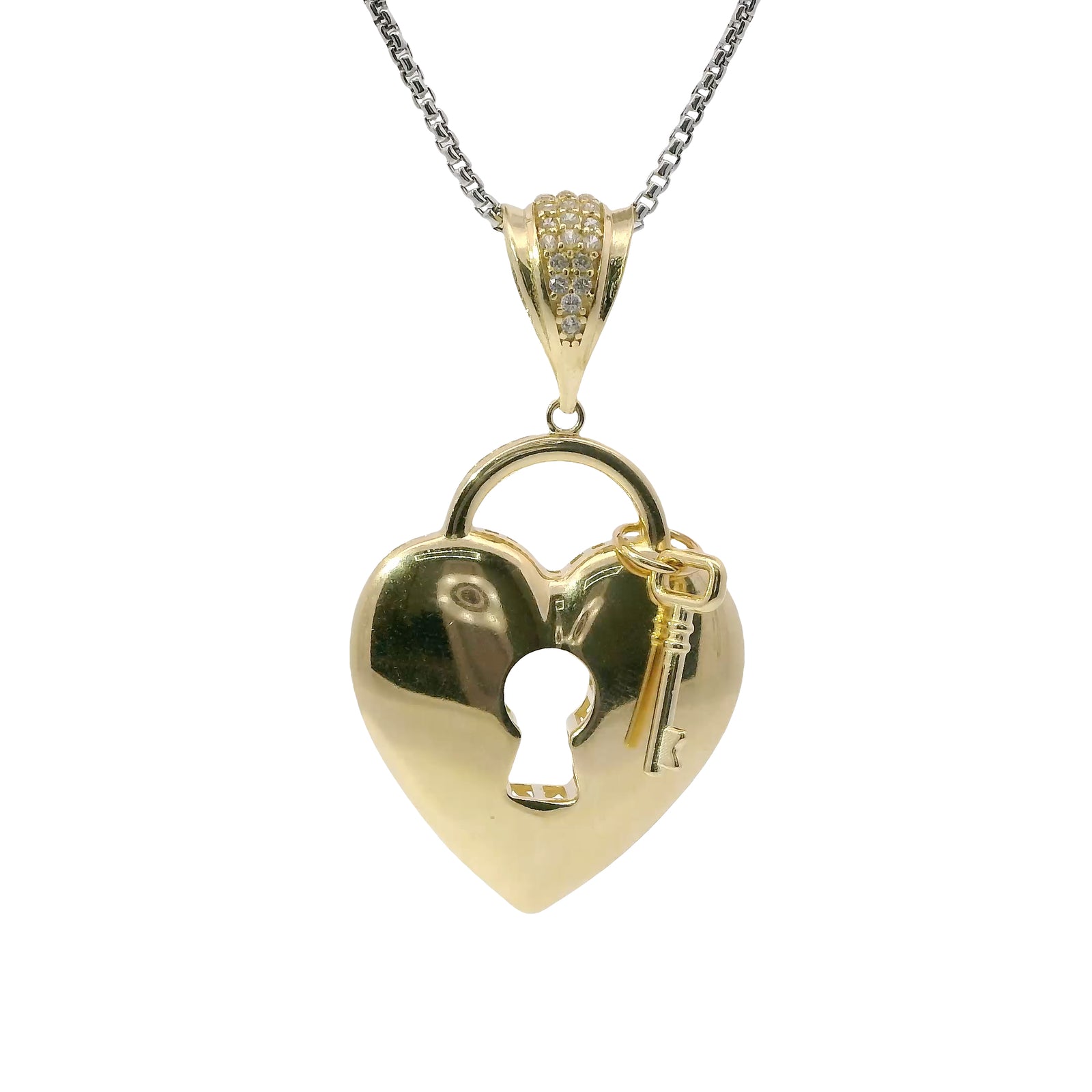 14KT Gold Charm Large Flat Back Lock and Key Puff Heart with White CZ Stones Edge and Bell