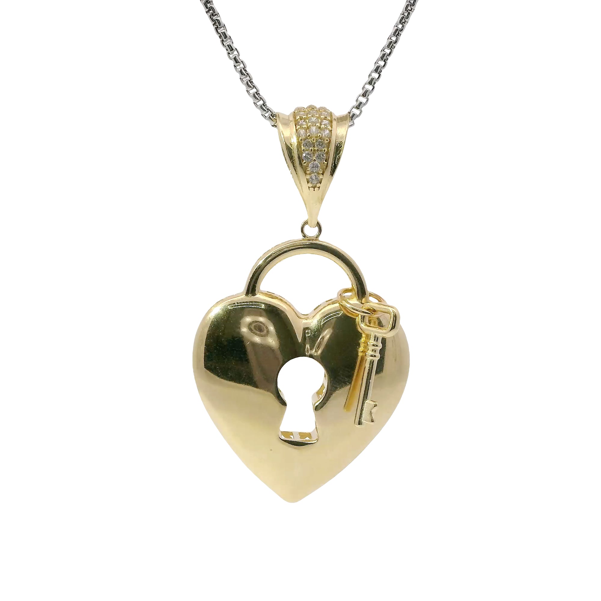14KT Gold Charm Large Flat Back Lock and Key Puff Heart with White CZ Stones Edge and Bell