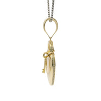 14KT Gold Charm Large Flat Back Lock and Key Puff Heart with White CZ Stones Edge and Bell
