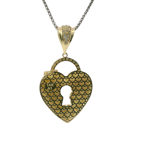 14KT Gold Charm Large Flat Back Lock and Key Puff Heart with White CZ Stones Edge and Bell